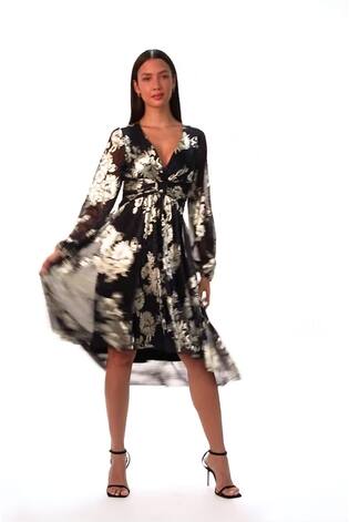 Roman Metallic Foil Print Twist Front V-Neck Plisse Dress - Image 2 of 6