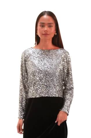Roman Black Petite Constrast Sequin Velvet Dress - Image 2 of 6