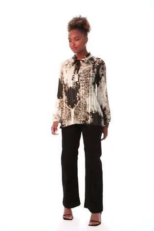 Roman Black Animal Print Tie Neck Pleated Blouse - Image 2 of 6