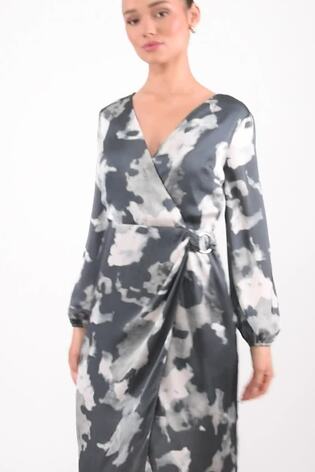 Quiz Grey Smudge Crepe Long Sleeve Midi Dress