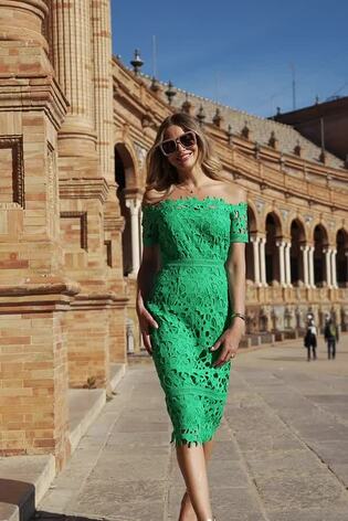 Buy Sosandar Green Bardot Guipure Lace Dress from Next Luxembourg