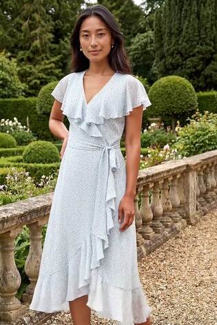 Roman Blue Petite Ditsy Floral Frill Midi Dress - Image 2 of 5