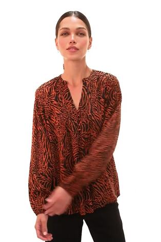 Roman Orange Animal Print Buttoned Pinktuck Top - Image 2 of 6