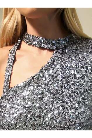 Ro&Zo Silver Pewter Sequin One Shoulder Top - Image 2 of 8