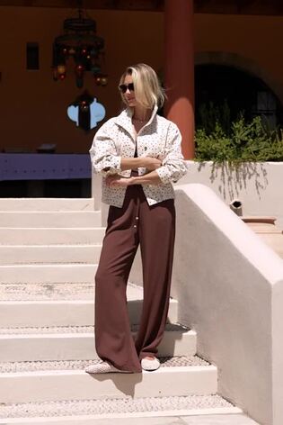 Sosandar Cream Polka Dot Funnel Neck Denim Jacket - Image 2 of 6