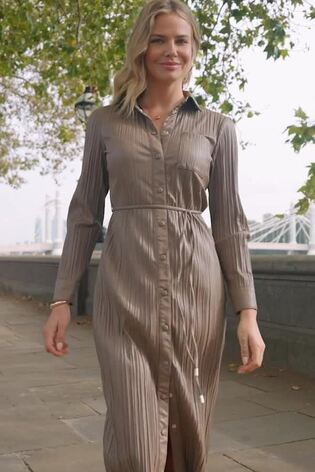 Sosandar Natural Leather Look Plisse Shirt Dress With Belt - Image 2 of 6