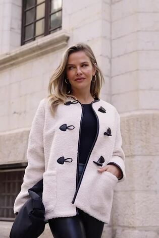 Sosandar White Collarless Super Cosy Borg Coat With Faux Fur Leather Toggle - Image 2 of 6