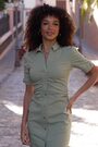 Sosandar Green Ruched Waist Popper Front Denim Dress - Image 2 of 5
