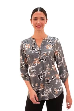 Roman Grey Floral Print Textured Stretch Blouse - Image 2 of 6