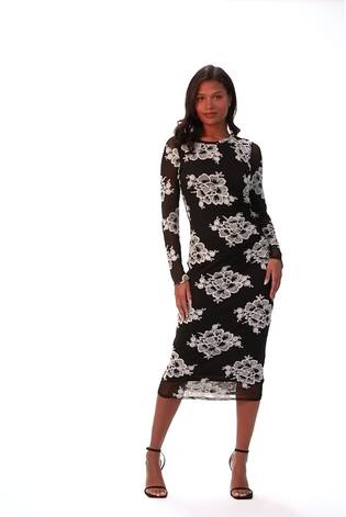 Roman Black Floral Print Lace Mesh Midi Dress - Image 2 of 6