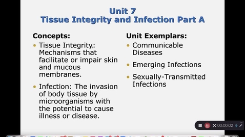 Thumbnail for entry Unit 7 RECORDED LECTURE Tissue Integrity and Infection Part A Video #1