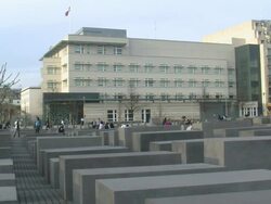  WS View of Holocaust memorial, Komische Oper and US Embassy / Berlin, Germany Stock Footage