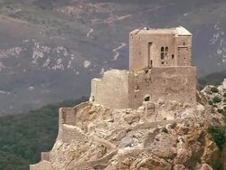 MS AERIAL TU Shot of Caudies-de-Fenouilledes with mountains / Languedoc Roussillon, France Stock Footage
