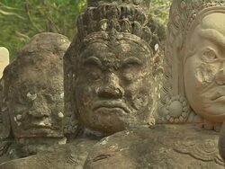 Pull Back Shot Entrance Statue Angkor Thom Siem Reap Cambodia Stock Footage