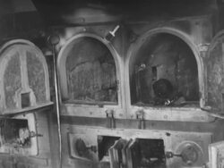 Inside the crematorium at Mauthausen death camp Stock Footage