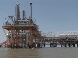 Gas rigs near Gulf oil spill cleanup site Stock Footage