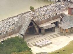 MS AERIAL Shot of Empty auditorium surrounded by trees with lake / North Carolina, United States Stock Footage