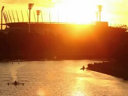 Rowers from local private schools, elite athletes and members of the public train on the Yarra River. Stock Footage
