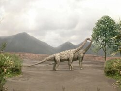 Long Shot static - A graphic shows a carnivorous dinosaur hunting its prey. / Dallas, Texas, USA Stock Footage