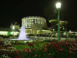Rollercoaster at Playland amusement park in Rye New York at night with gardens in the foreground. Stock Footage