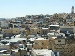 MS PAN Shot of muslim quarter and Dome of rock from Nablus gate / Jerusalem, Judea, Israel Stock Footage