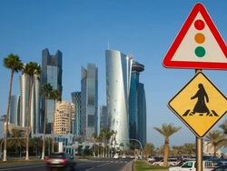 Qatar, Middle East, Arabian Peninsula, Doha, new skyline of the West Bay central financial district of Doha Stock Footage