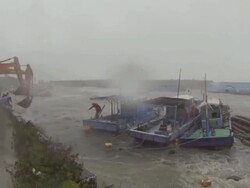 Fisherman Almost Drowns In Hurricane Storm Surge Stock Footage