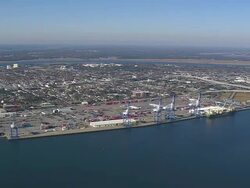 WS AERIAL View of container port at Charleston city / South Carolina, United States Stock Footage