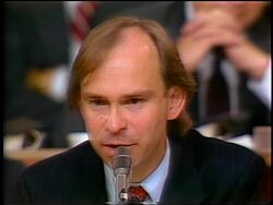 July, 1987 close up House counsel John Nields asking Oliver North question during Iran-Contra hearings Stock Footage