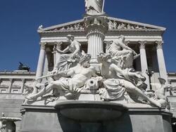 Vienna, Pallas-Athena-Brunnen in front of the Austrian Parliament building in Ringstrabe Stock Footage