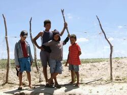MS Shot of Boys watching man digging for water / Pilao Arcado, Bahia, Brazil Stock Footage