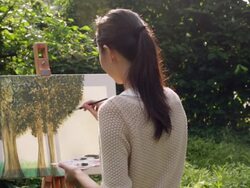 Rear View Woman painting on an easel outdoors. Stock Footage