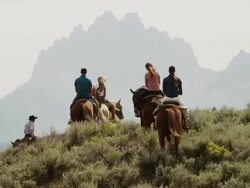 Medium shot of friends horseback riding / Idaho, United States Stock Footage