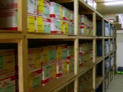 MS PAN Boxes on shelves in doctors without borders storage room / Juba, Central Equatoria, Sudan  Stock Footage
