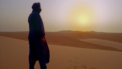 An Algerian man stands in the Sahara Desert under the glowing sun. Stock Footage