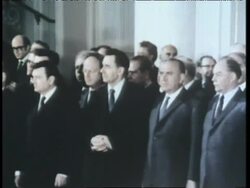United States President Richard Nixon and Soviet President Leonid Brezhnev sign the SALT I Treaty for nuclear disarmament in Moscow, Russia. News Clip