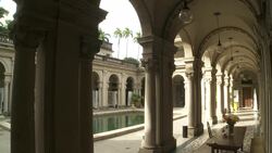 An arched and columned corridor characterizes the Parque Lage in Rio de Janeiro. Stock Footage