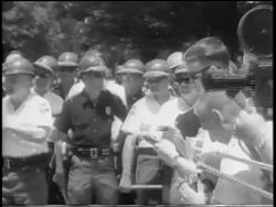 B/W 1963 police + press outside building during desgregation of U. of Alabama / newsreel Stock Footage