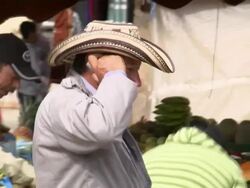 Man in cowboy hat speaking on mobile/cellular phone, Villa De Leyva market, Villa De Leyva, BoyacÃƒÂ¡ department, Colombia Stock Footage