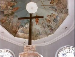 Magellan's Cross below painting on ceiling, low angle, Cebu city, Philippines Stock Footage
