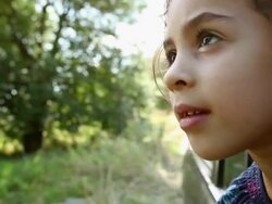 Girl leaning out of car window, sunlight falling on camera Stock Footage