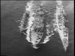 B/W 1962 AERIAL three US military ships on ocean / Cuban Missile Crisis / newsreel Stock Footage