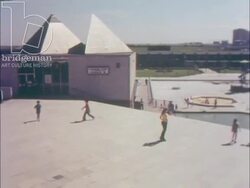 Living at Thamesmead, 1973, part 1 - Establishing shots, children playing, girl waiting for boy Stock Footage