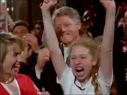 1992 shaky close up Clinton family cheering together / Chelsea raising arms Stock Footage