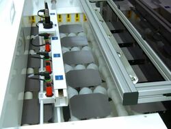 MS Solar wafers on assembly line being rolled through chemical bath at solar manufacturing plant Solarworld, Hillsboro, Oregon, USA Stock Footage