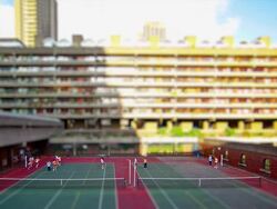 Miniature London - Barbican Center interview view of Tennis and Basketball court Stock Footage