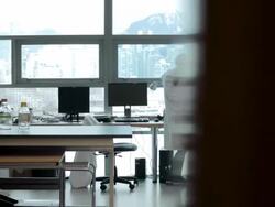 MS PAN Lab technicians discussing DNA gels at window Vancouver mountains in Cancer research Healthcare medicine Industry DNA sequencing Laboratory / Vancouver, BC, Canada    Stock Footage