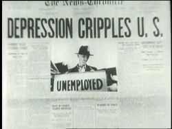A newspaper headline reads Depression Cripples U.S, and a man wears an unemployed sandwich board. News Clip