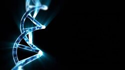 A glowing, blue strand of DNA rotates in front of a black background. Stock Footage