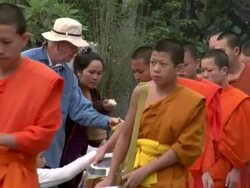 MS Monks collecting alms / Luang Prabang, Laos Stock Footage